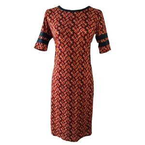 LuLaRoe Julia Red Tshirt Dress Retro Geometric Print Blue Stripes NWT Women's S